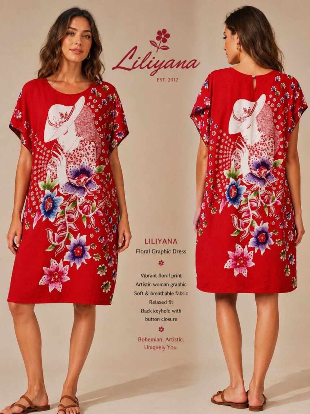 Batik Asli Liliyana Red Floral Shift Dress W/ Lady Illustration Red/White Small